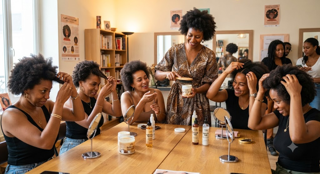 Groupe de femmes apprenant à coiffer leurs cheveux crépus lors d'un atelier de coiffage et d'entretien