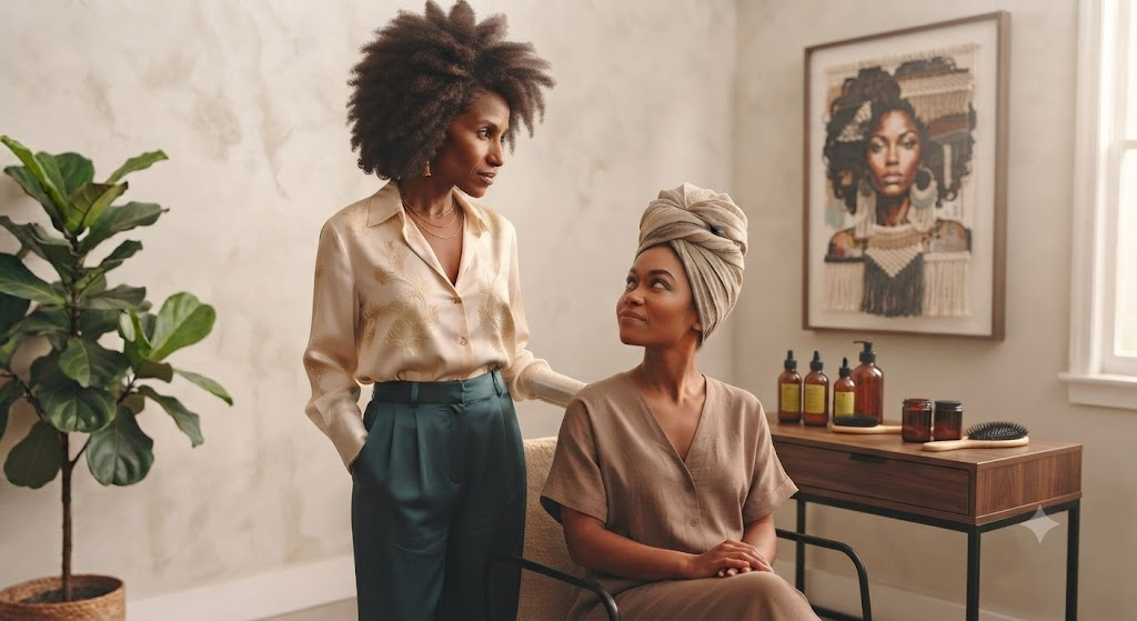 Échange bienveillant entre deux femmes lors d'un atelier autour de la confiance capillaire