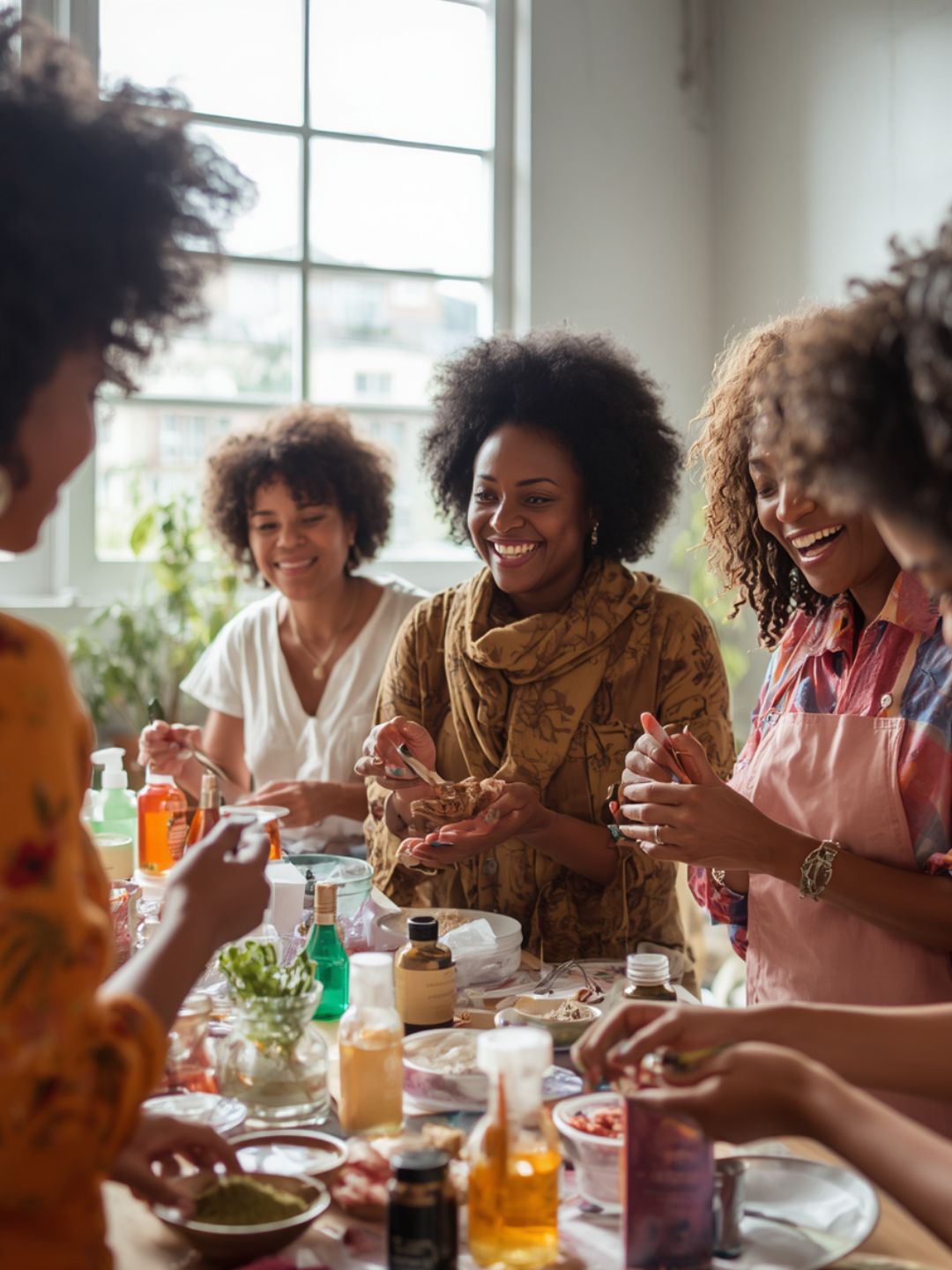 Groupe de femmes souriantes fabriquant des cosmétiques naturels autour d'une table d'atelier