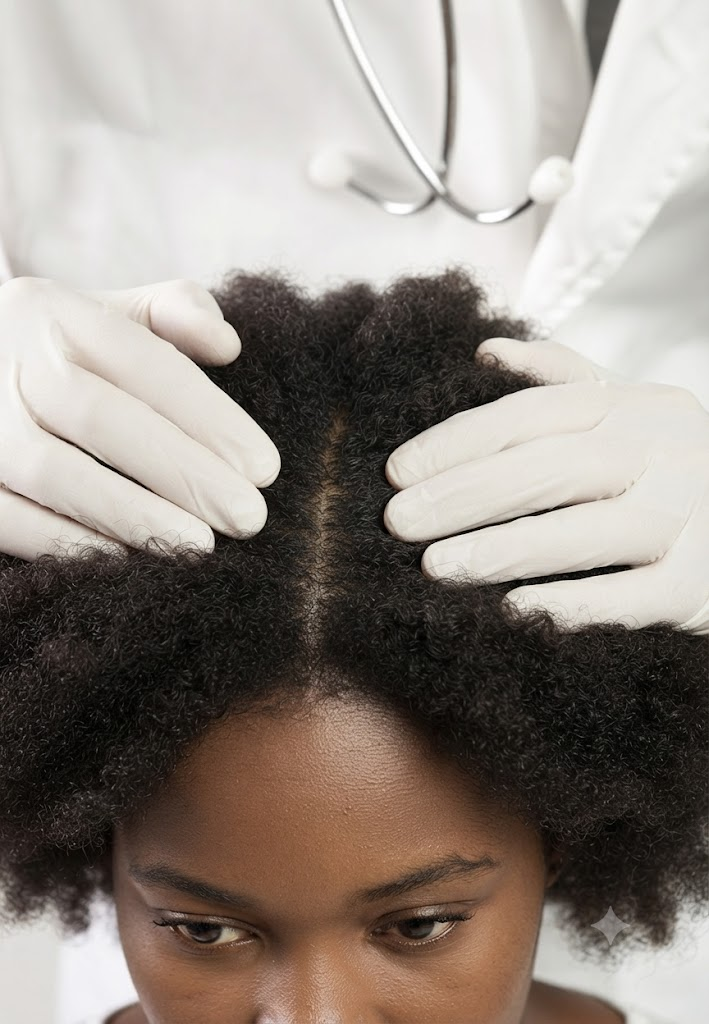 Examen du cuir chevelu d'une femme aux cheveux crépus par une professionnelle gantée