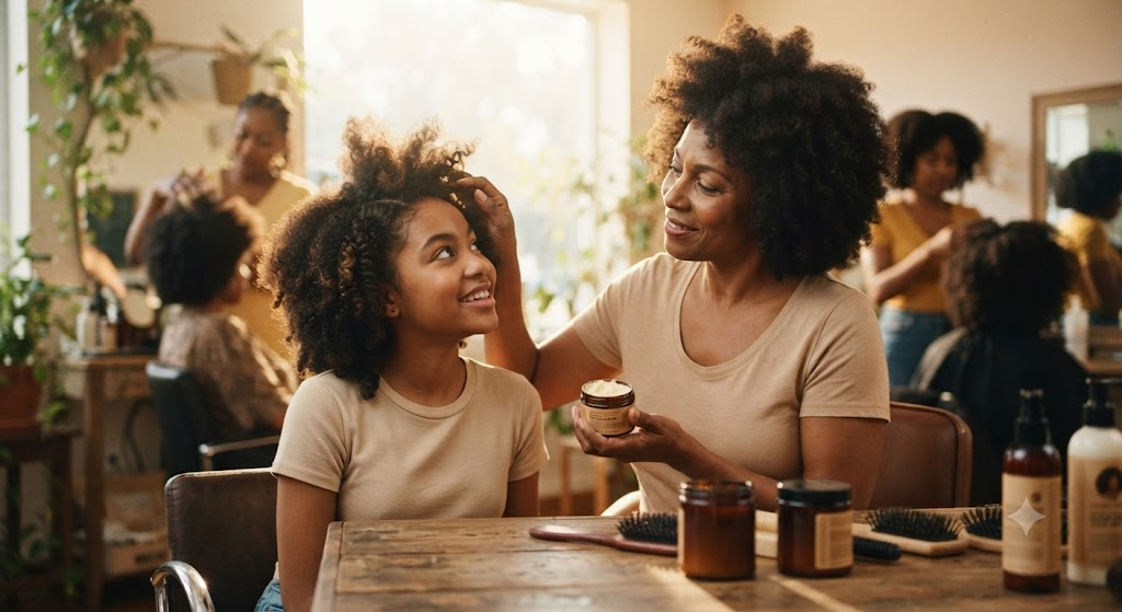 Une mère applique un soin sur les cheveux de sa fille souriante lors d'un moment complice