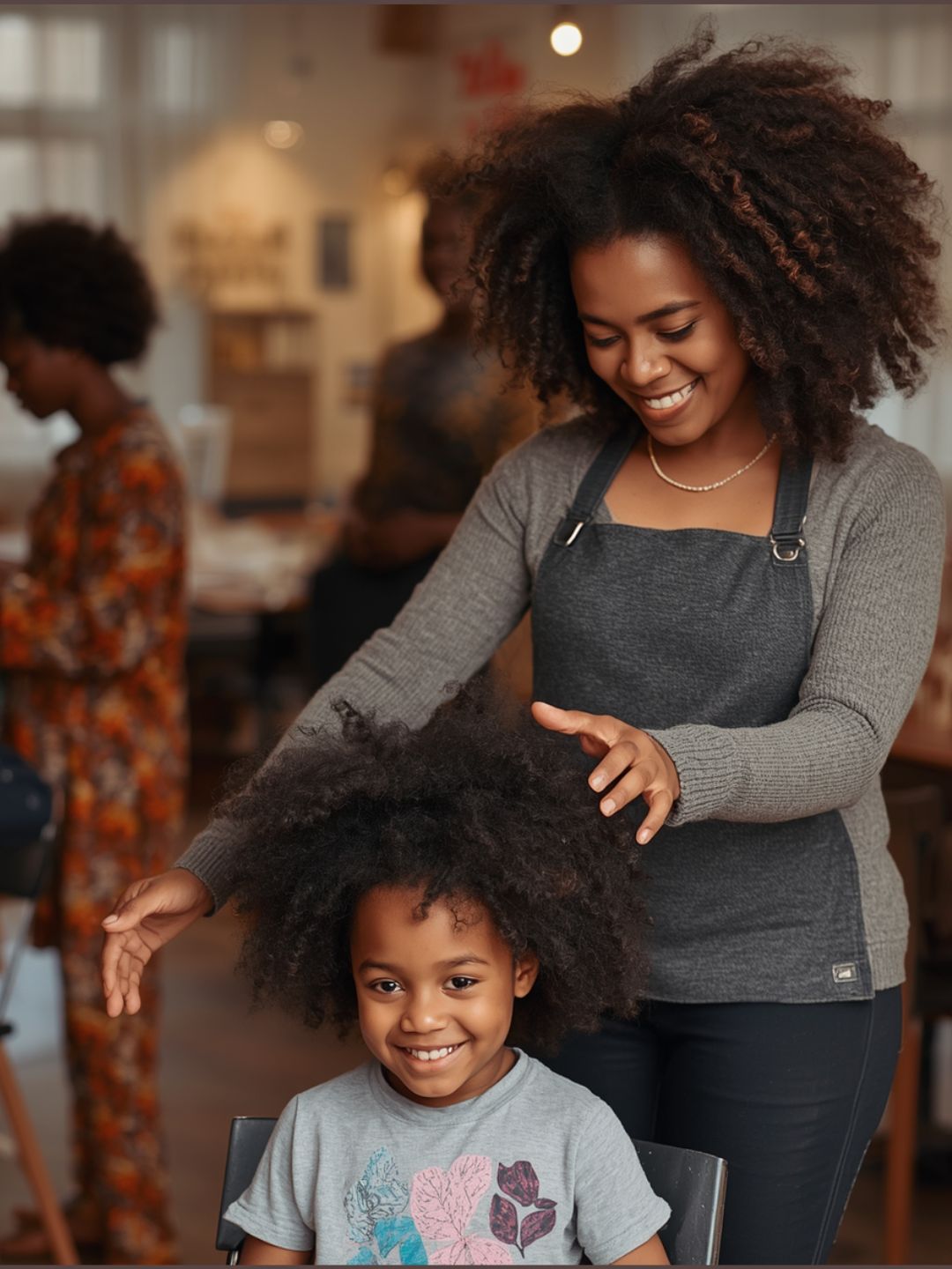 Une mère coiffe les cheveux crépus de son enfant souriant lors d'un atelier