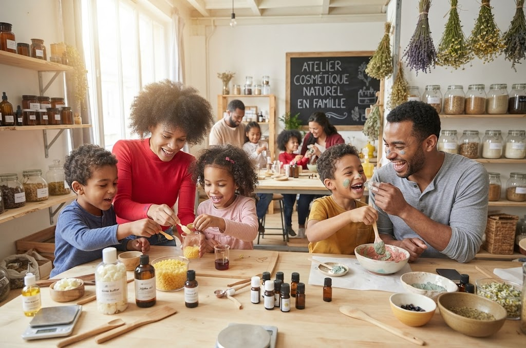 Parents et enfants fabriquant ensemble des cosmétiques naturels lors d'un atelier en famille